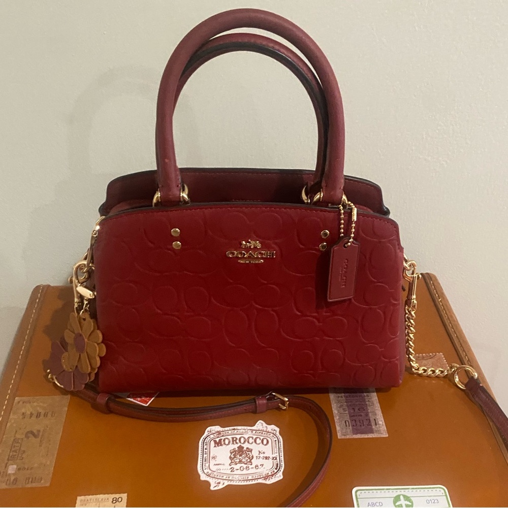 Coach Red Mini Lillie Carryall C7278 with Gold Accents